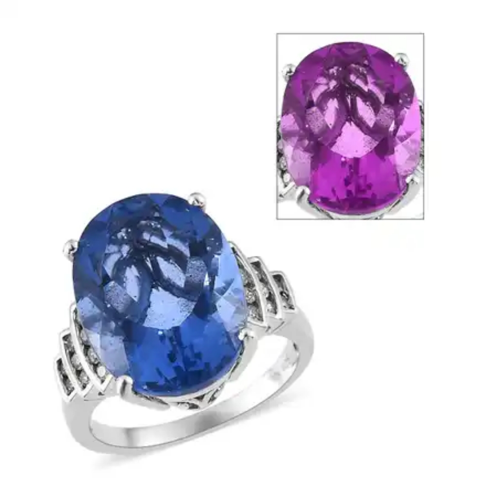 Color Change Fluorite Oval Gemstone With White Zircon Ring Platinum Over Ss 109$